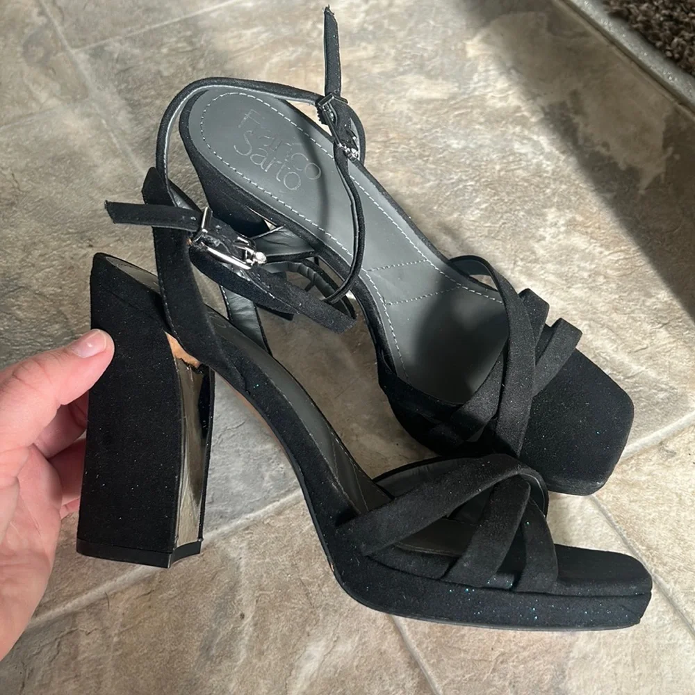 Franco Sarto Black Suede Block Damalis Sandal Heels 6.5